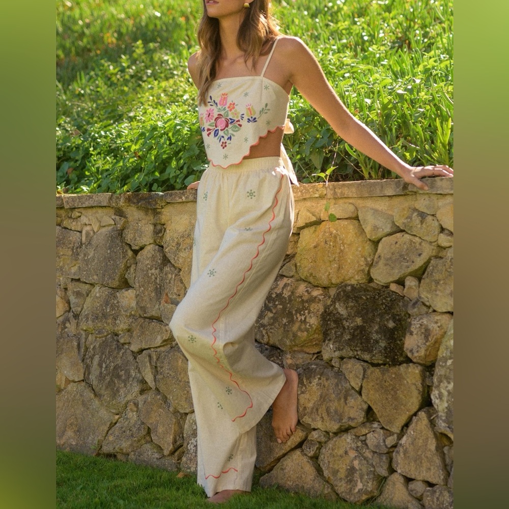 Embroidered Crop Top & Wide Leg Pants Set Linen Look Summer Vacation